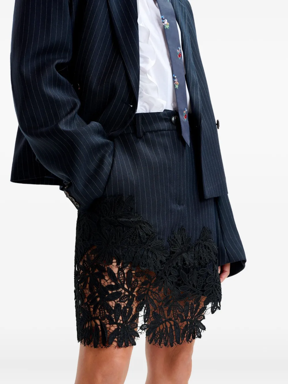 Essentiel Antwerp pinstripe lace-trimmed asymmetric skirt Blauw