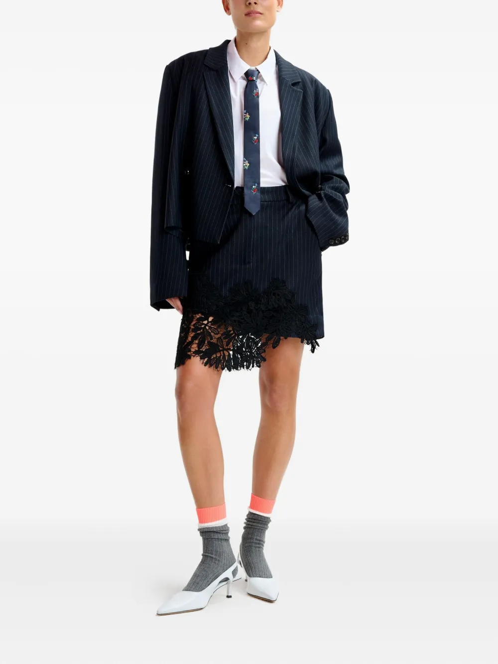 Essentiel Antwerp pinstripe lace-trimmed asymmetric skirt Blauw