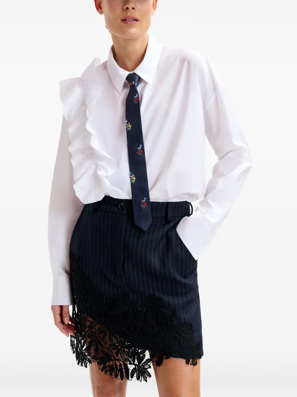 Essentiel Antwerp pinstripe lace-trimmed asymmetric skirt Blauw
