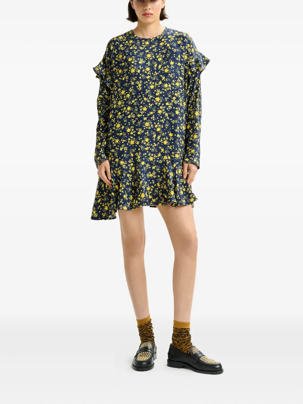 Essentiel Antwerp floral ruffled asymmetric day dress Blauw