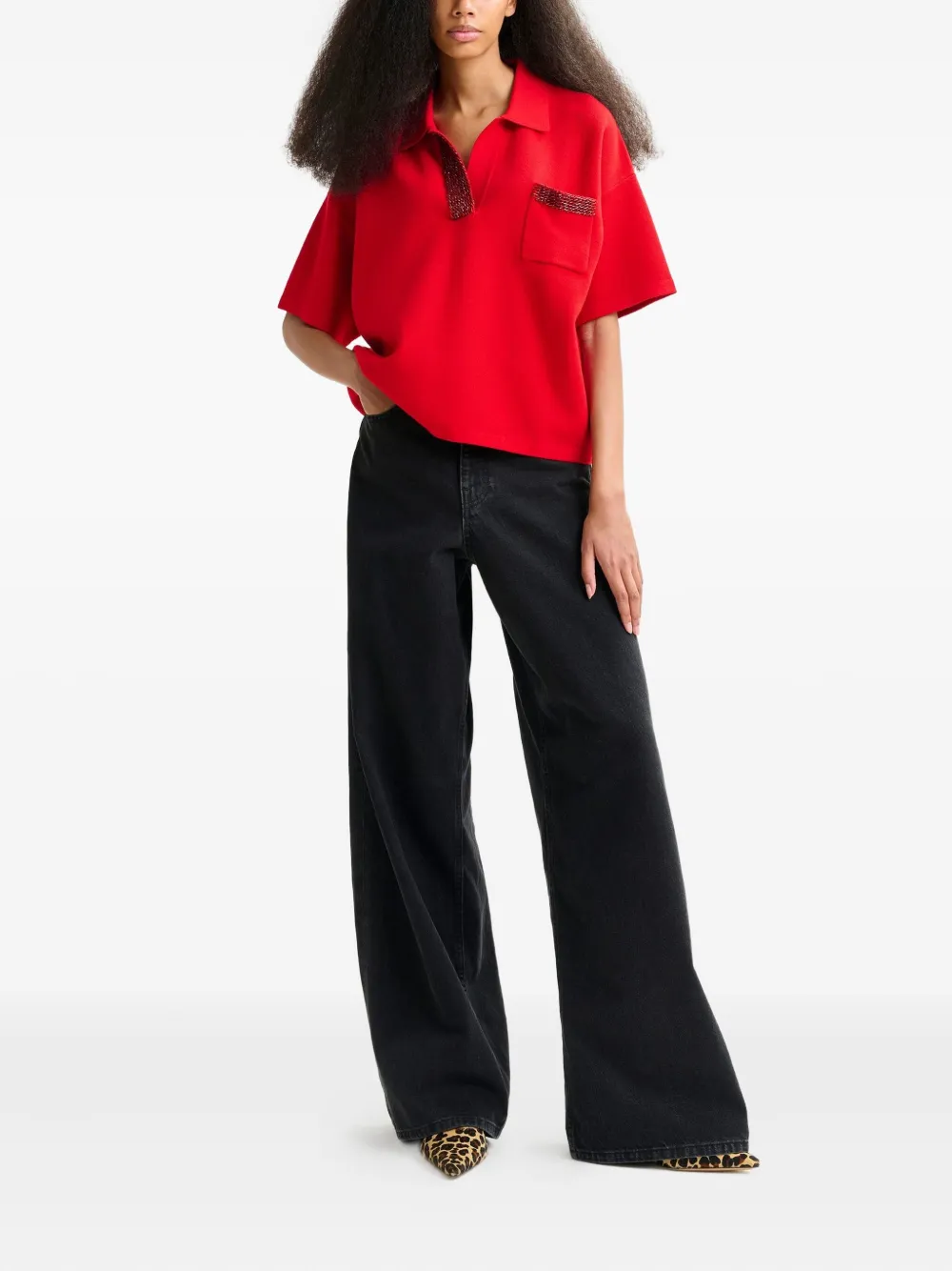 Essentiel Antwerp International bead-embellished polo top - Rood