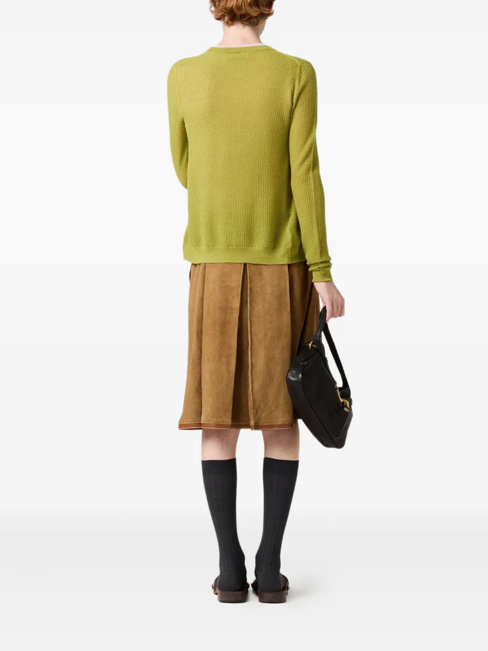 Miu ribbed lace-motif cardigan Groen