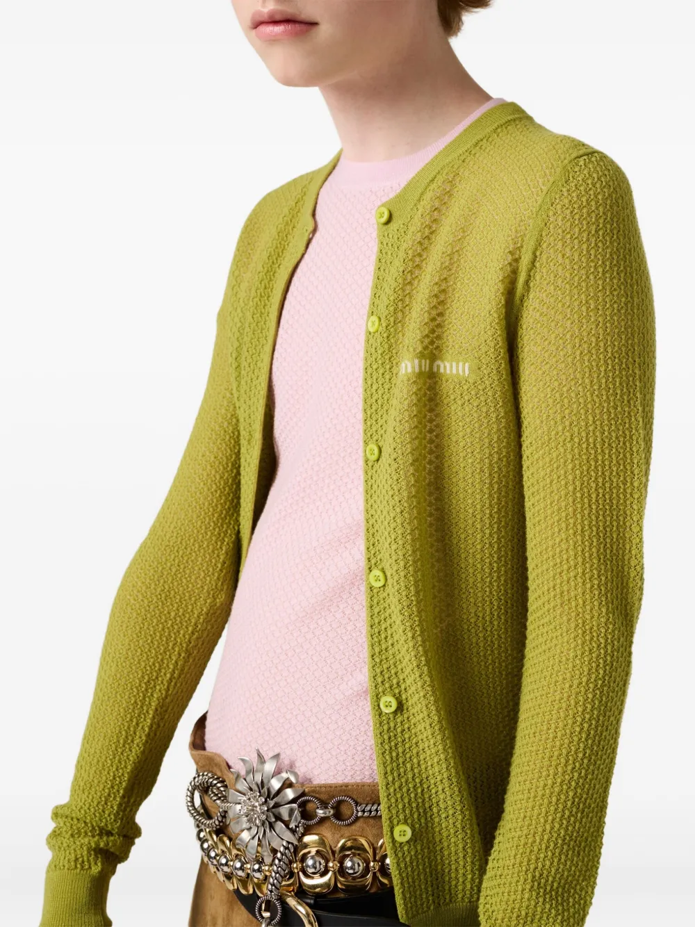Miu ribbed lace-motif cardigan Groen