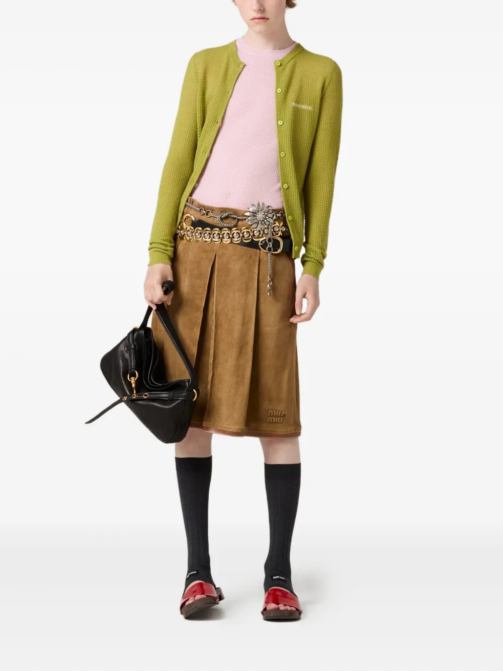 Miu ribbed lace-motif cardigan Groen