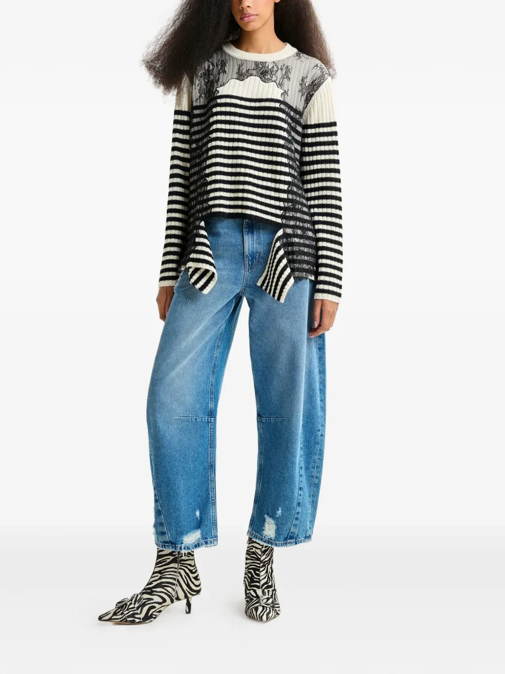 Essentiel Antwerp Insane lace-insert striped sweater Zwart
