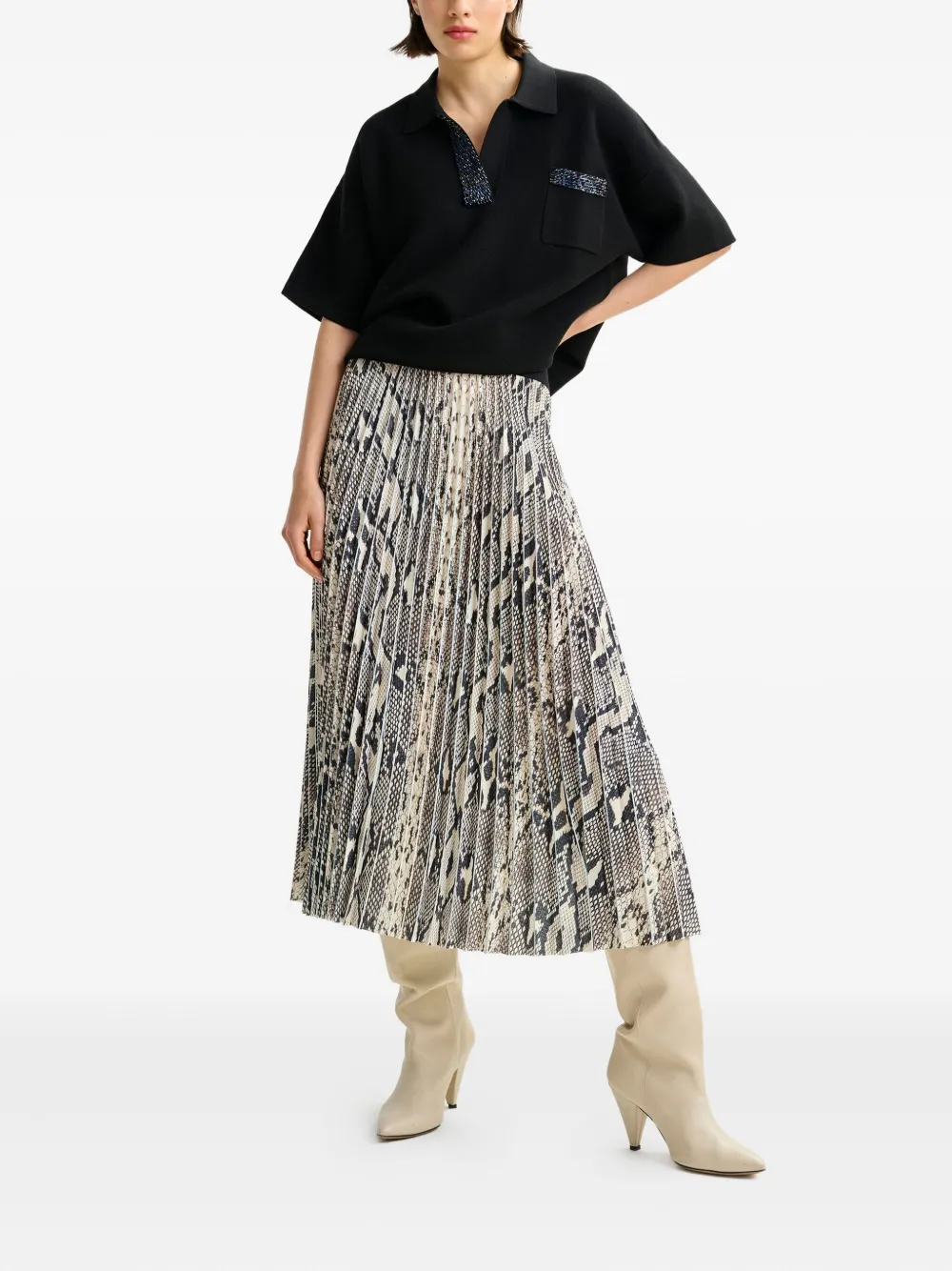 Essentiel Antwerp snakeskin-print midi pleated skirt Beige