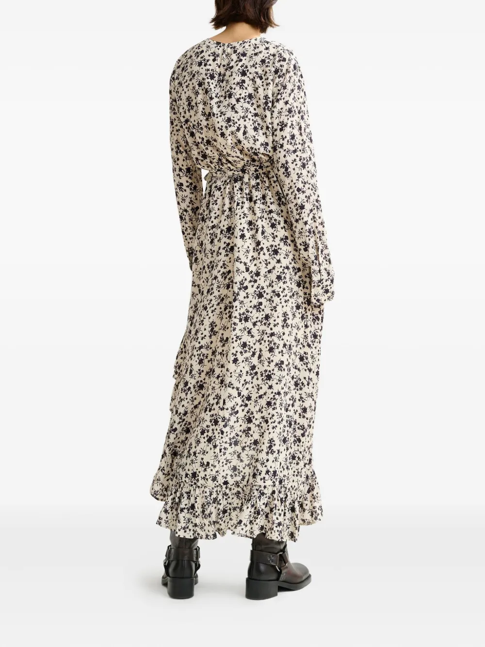 Essentiel Antwerp floral-print ruffled asymmetrical dress Off-white-Black