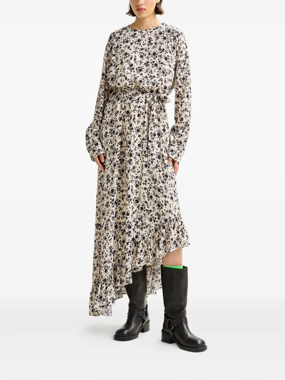Essentiel Antwerp floral-print ruffled asymmetrical dress Off-white-Black