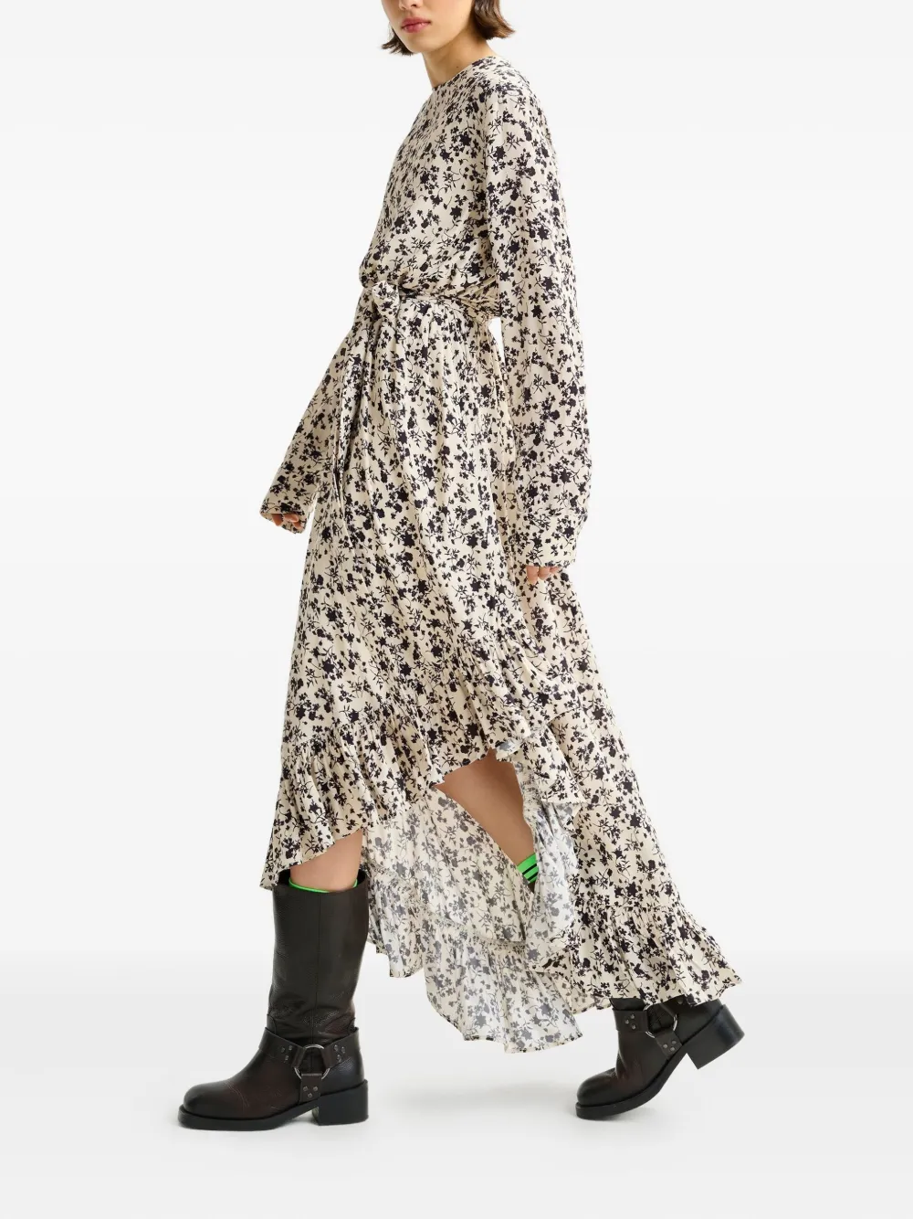 Essentiel Antwerp floral-print ruffled asymmetrical dress Off-white-Black