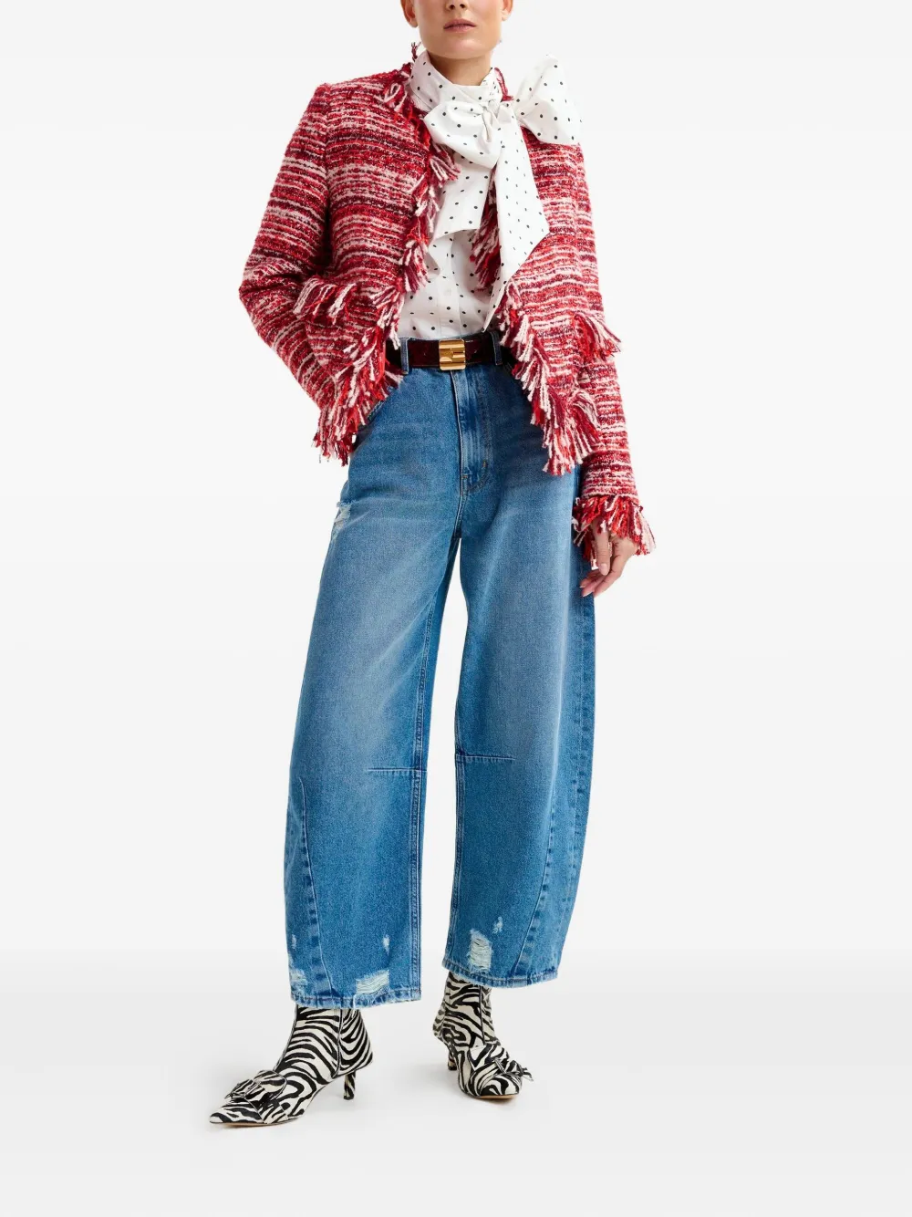 Essentiel Antwerp Iskra fringed tweed jacket Rood