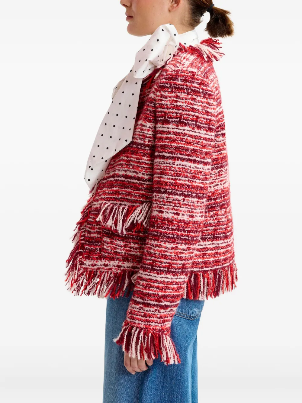 Essentiel Antwerp Iskra fringed tweed jacket Rood