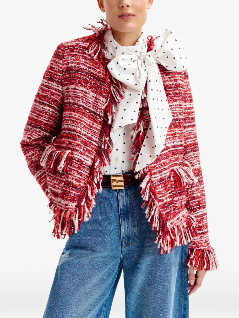 Essentiel Antwerp Iskra fringed tweed jacket Rood