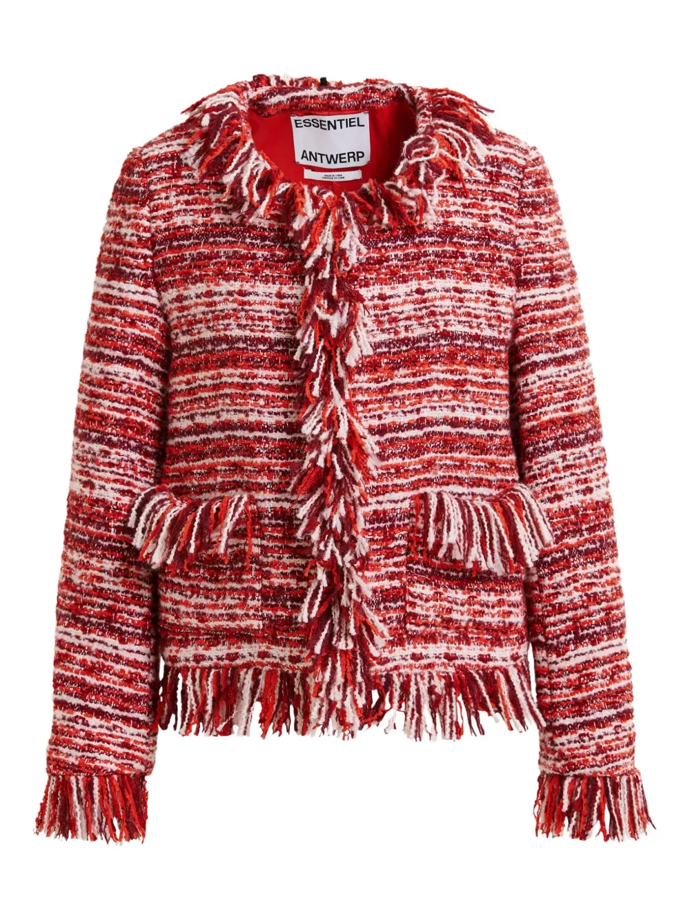 Essentiel Antwerp Iskra fringed tweed jacket Rood
