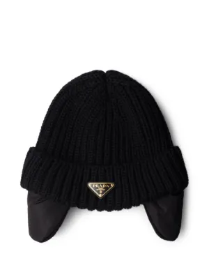 AUTHENTIC PRADA UNISEX TRIANGLE-LOGO WOOL BEANIE, OS, BLACK Prada Triangle-Logo Knitted Beanie In Black | Editorialist main image 4