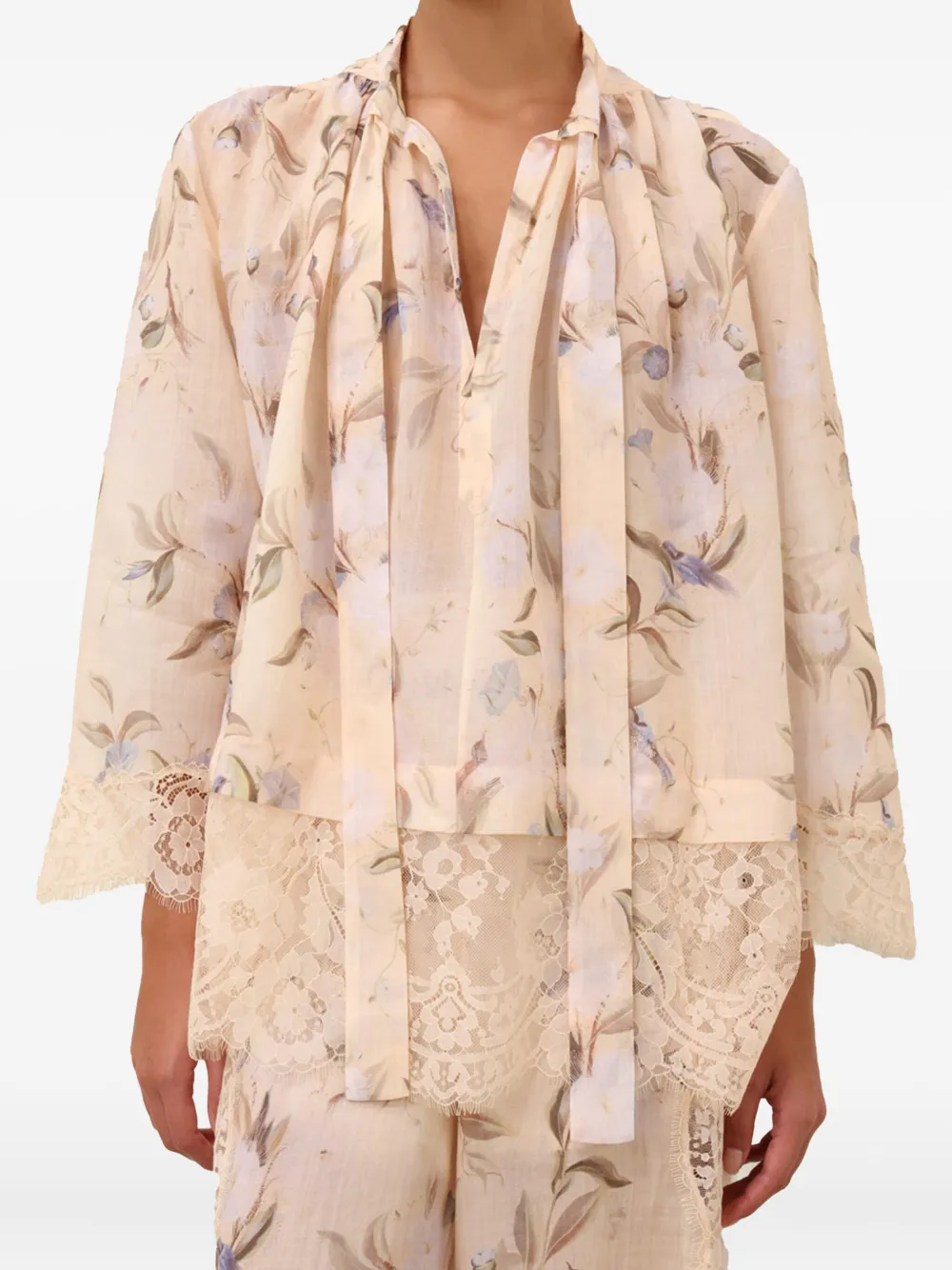 ZIMMERMANN Cascadian lace-trimmed floral blouse Beige