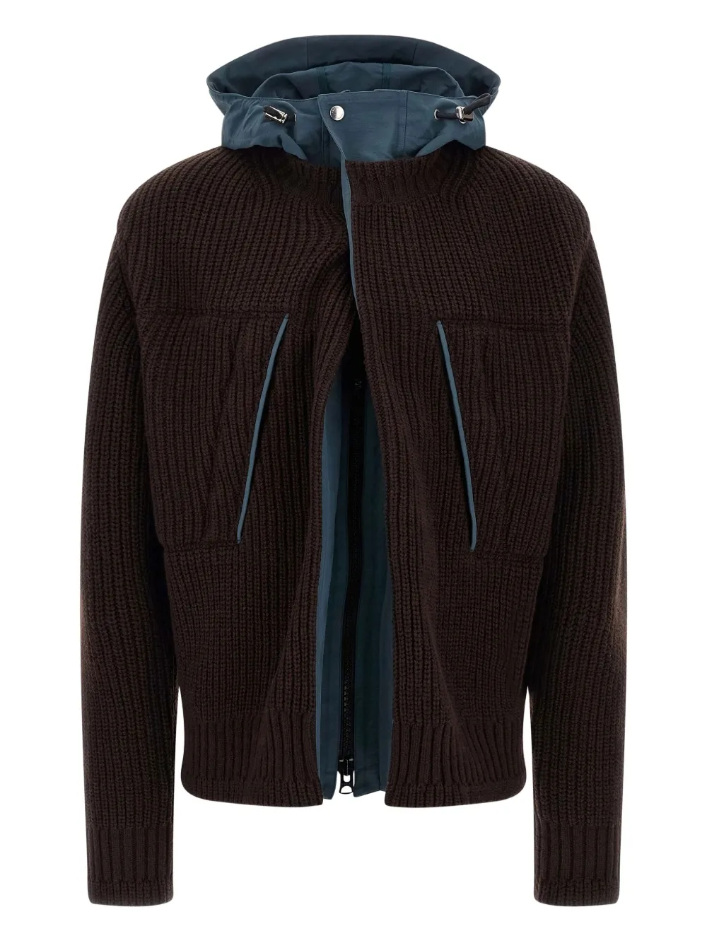 sacai hooded ribbed knit coat | Brown | Image 1