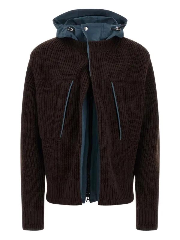 Sacai Hooded Ribbed Knit Coat | Brown | FARFETCH
