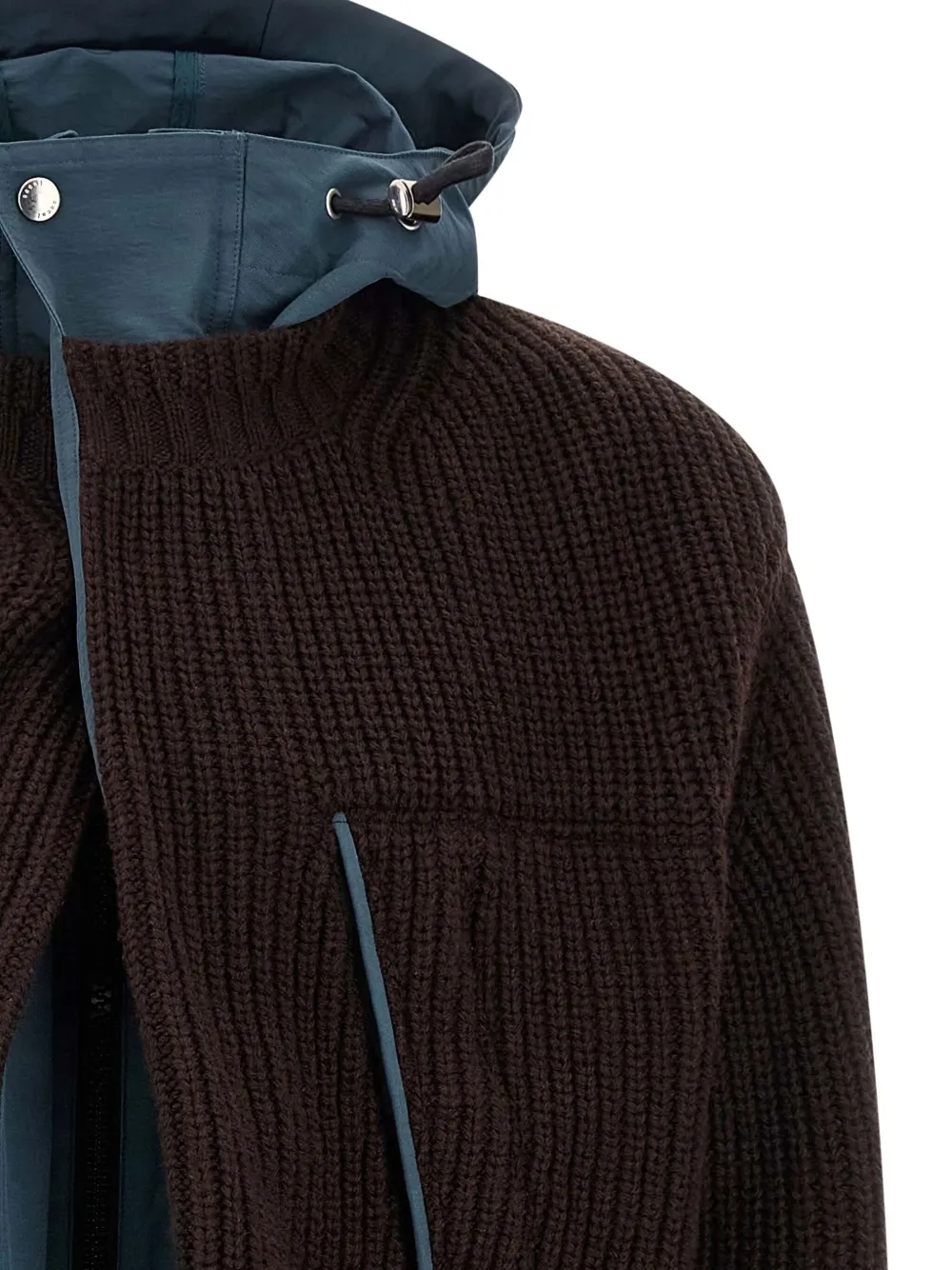 Sacai Hooded Ribbed Knit Coat | Brown | FARFETCH