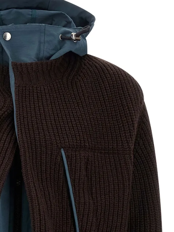 Sacai Hooded Ribbed Knit Coat | Brown | FARFETCH