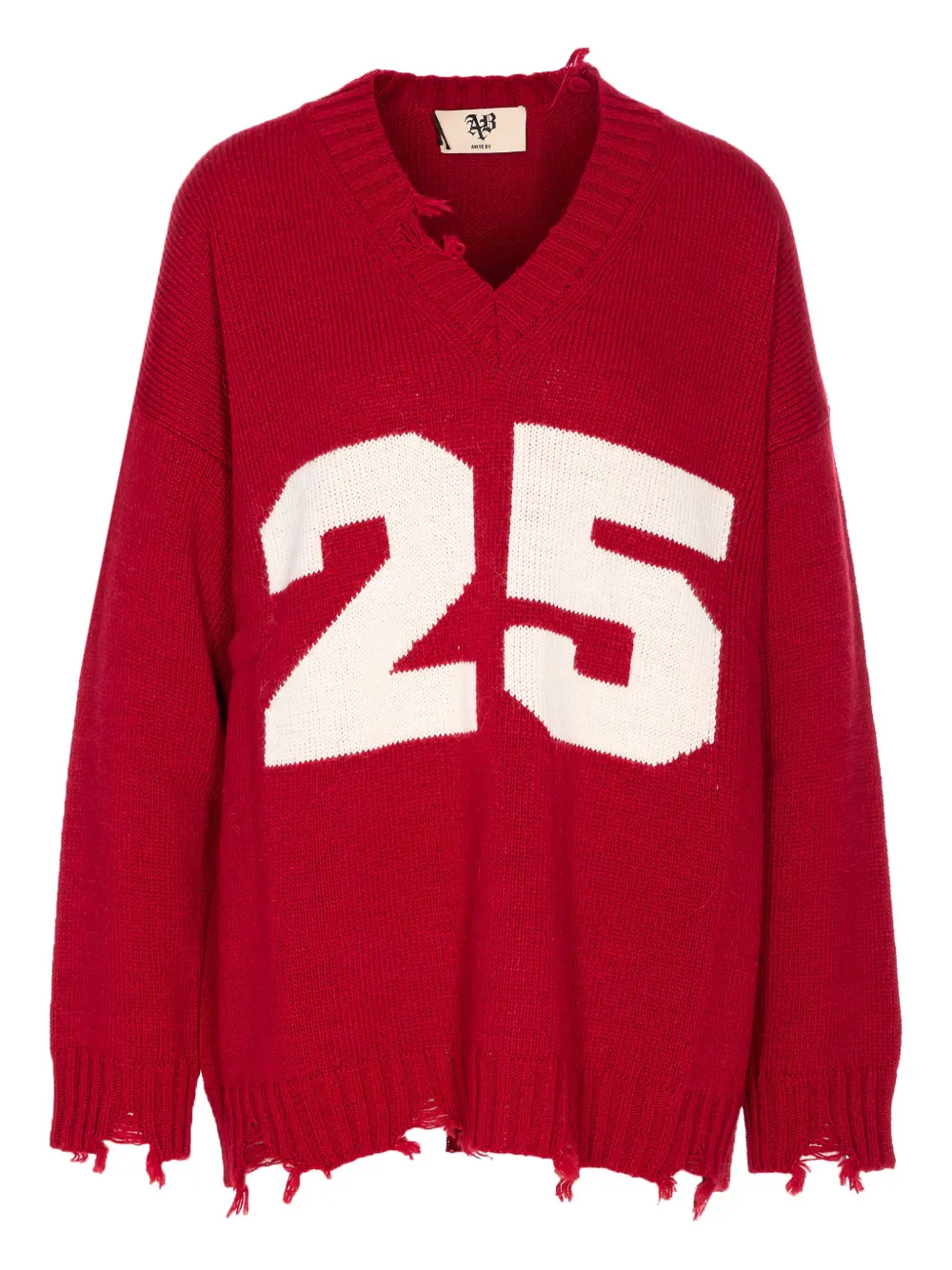 Aniye By Pull College number-embellished frayed sweater Rood