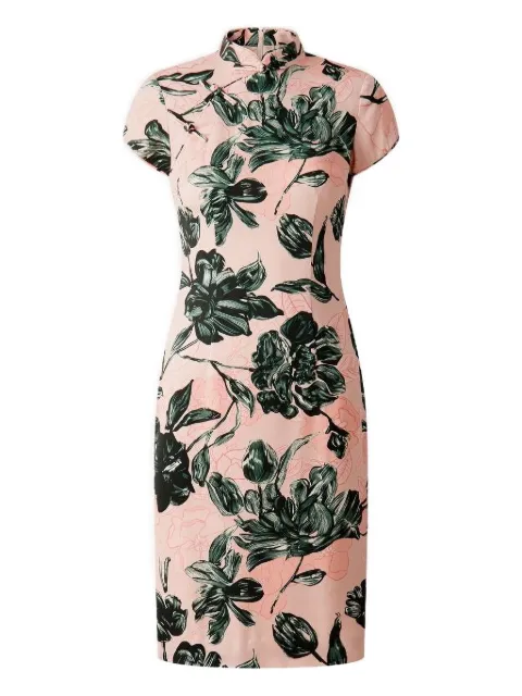 Shanghai Tang rose-print mock-neck midi dress