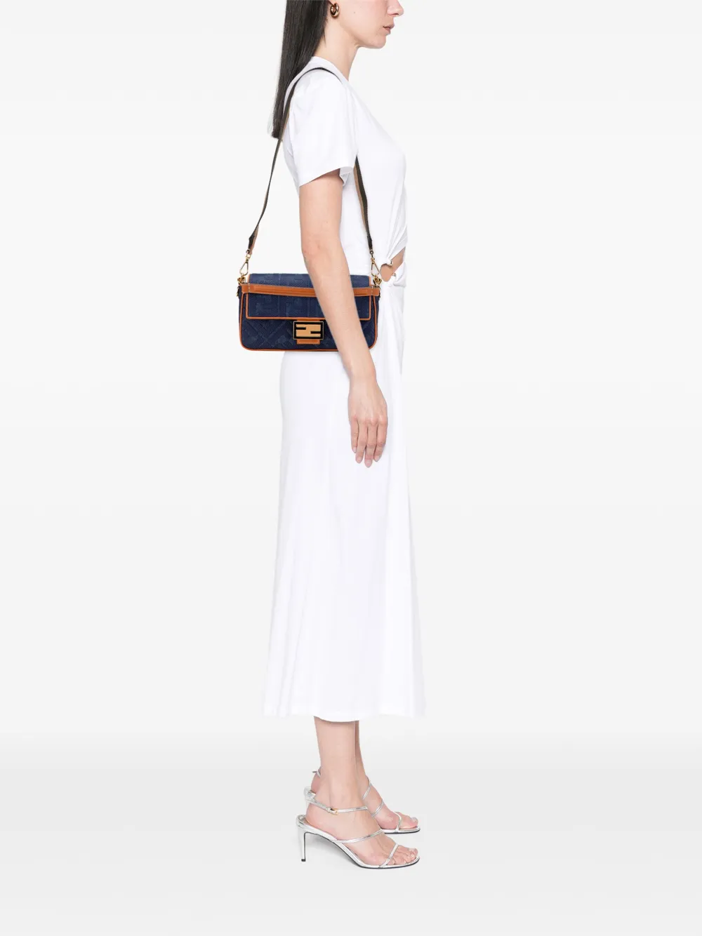 Pre-owned Fendi 2010-2025 Zucca Embroidered Denim Baguette Satchel In Blue