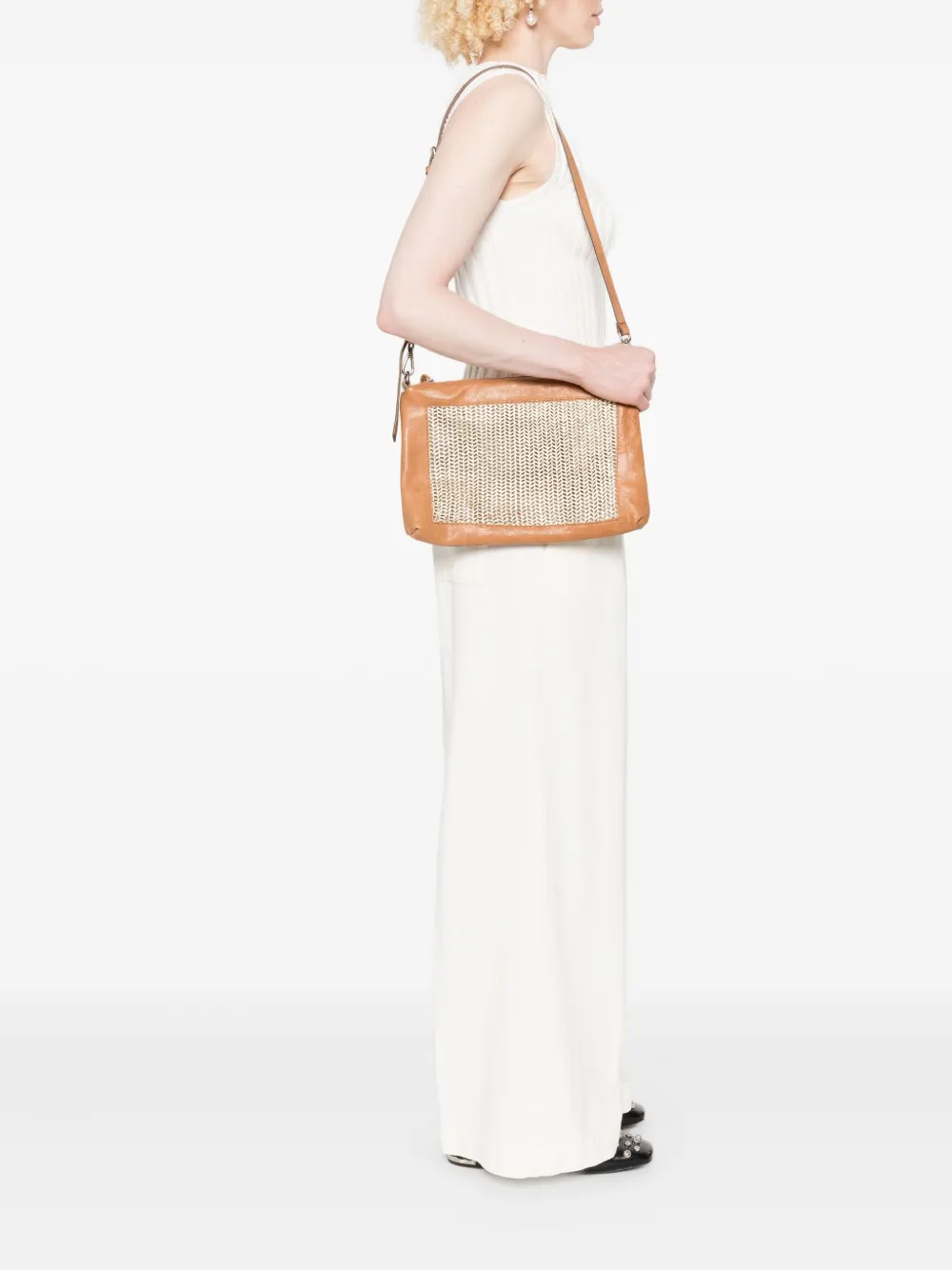SOMMET leather woven-panel shoulder bag - Beige