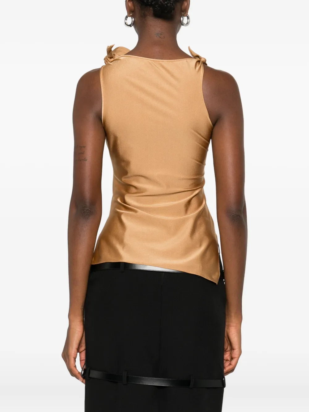 Coperni Asymmetric Rose-embellished Knotted Blouse In Brown