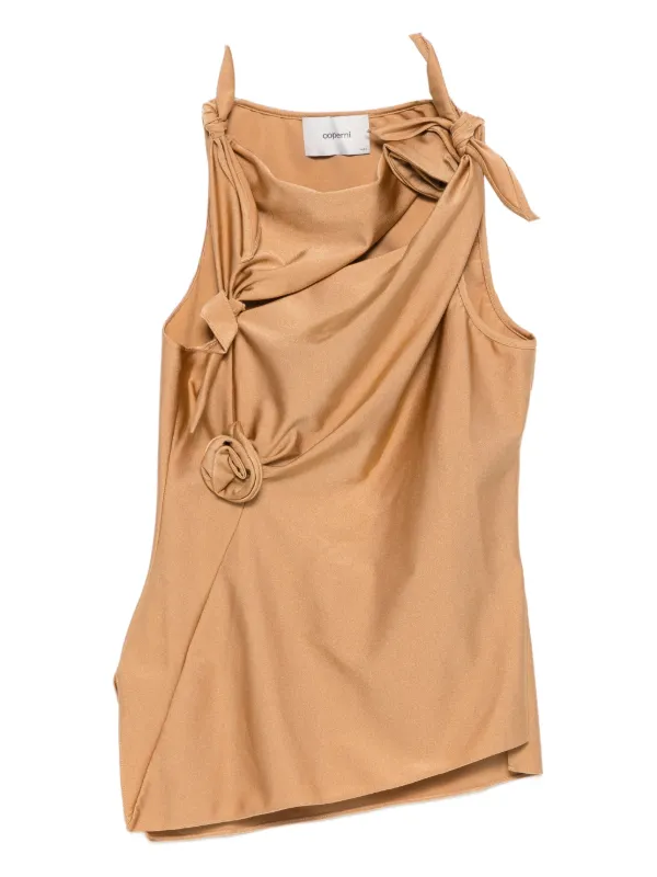 Coperni Asymmetric Rose-embellished Knotted Blouse in Brown