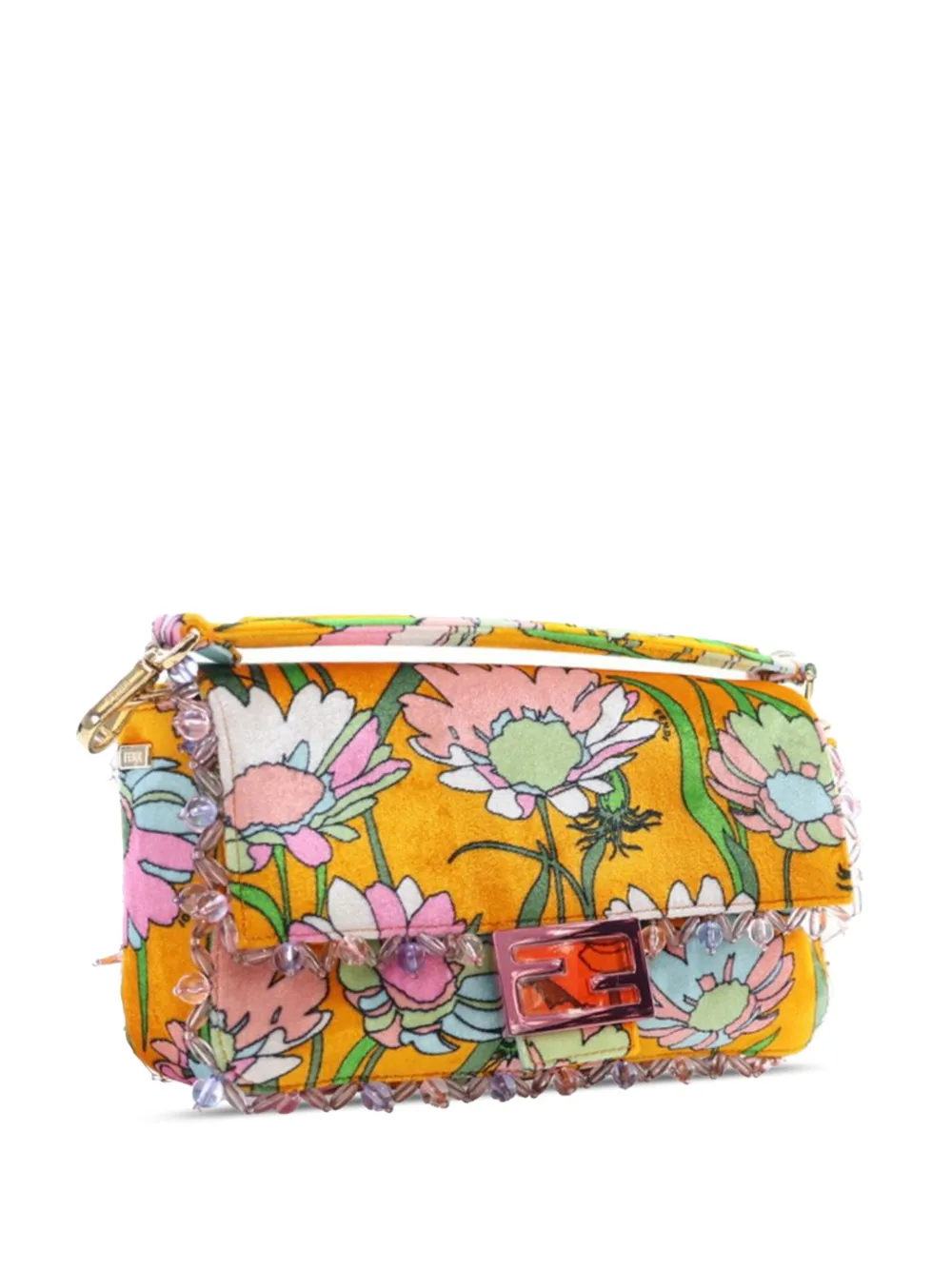 Pre-owned Fendi 2010-2025 Floral Print Velvet Baguette Satchel In Orange