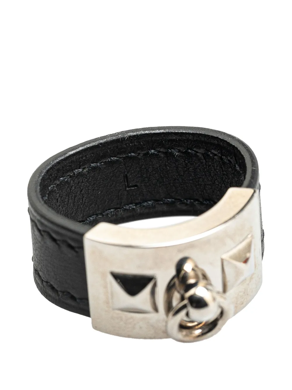 Pre-owned Hermes 2011-2025 Leather And Palladium Plated Collier De Chien Ring Costume Ring In Black