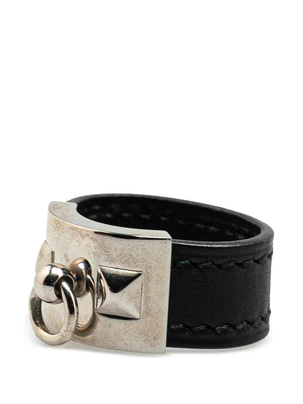 Pre-owned Hermes 2011-2025 Leather And Palladium Plated Collier De Chien Ring Costume Ring In Black