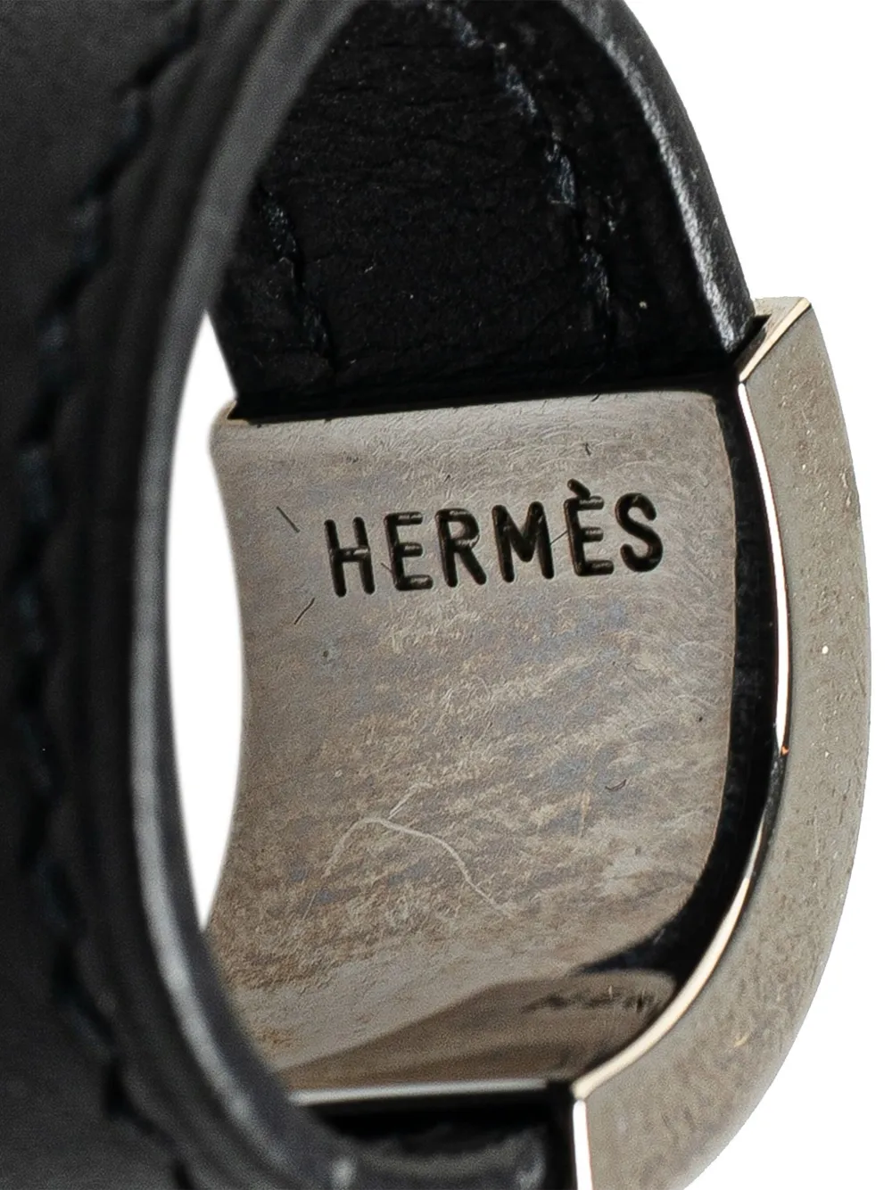 Pre-owned Hermes 2011-2025 Leather And Palladium Plated Collier De Chien Ring Costume Ring In Black