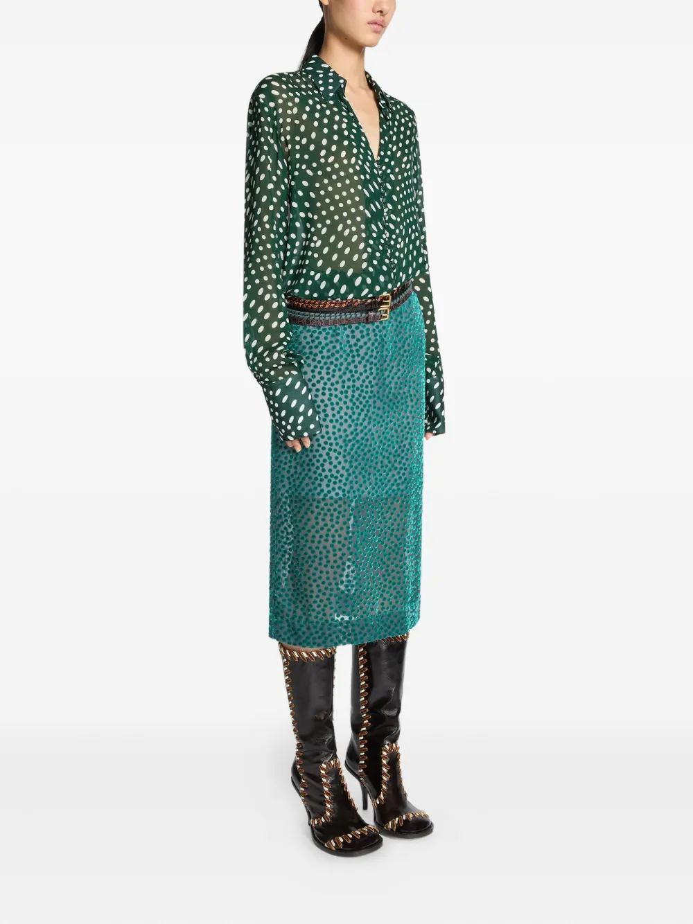 Dries Van Noten Devoré Spot-pattern Skirt In Green