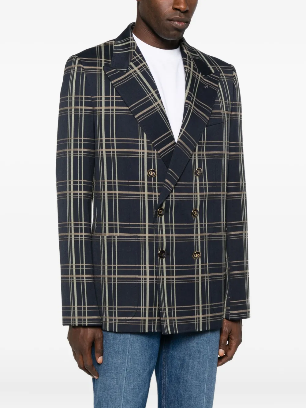 Valentino Checked Double-breasted Blazer In Blue