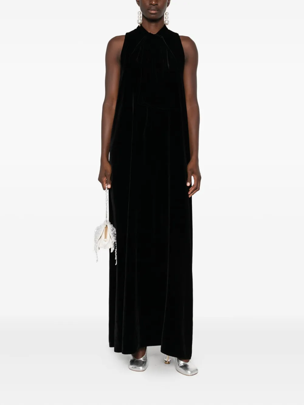 STYLAND bow-neck velvet dress - Zwart