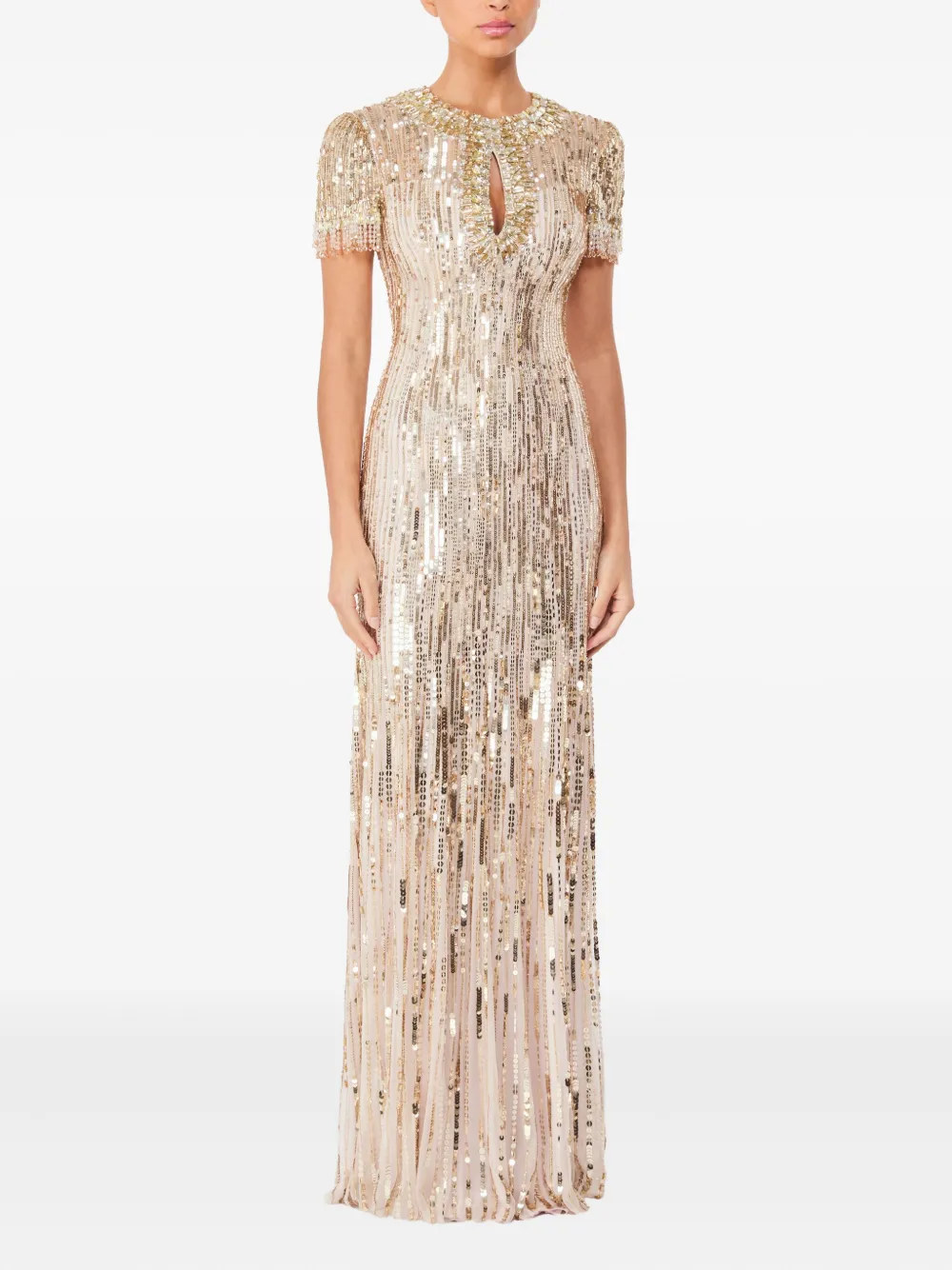 Jenny Packham Nova maxi-jurk verfraaid met pailletten en keyhole-detail Beige