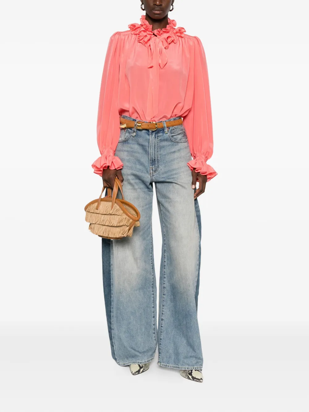 STYLAND ruffled-cuff silk top - Roze