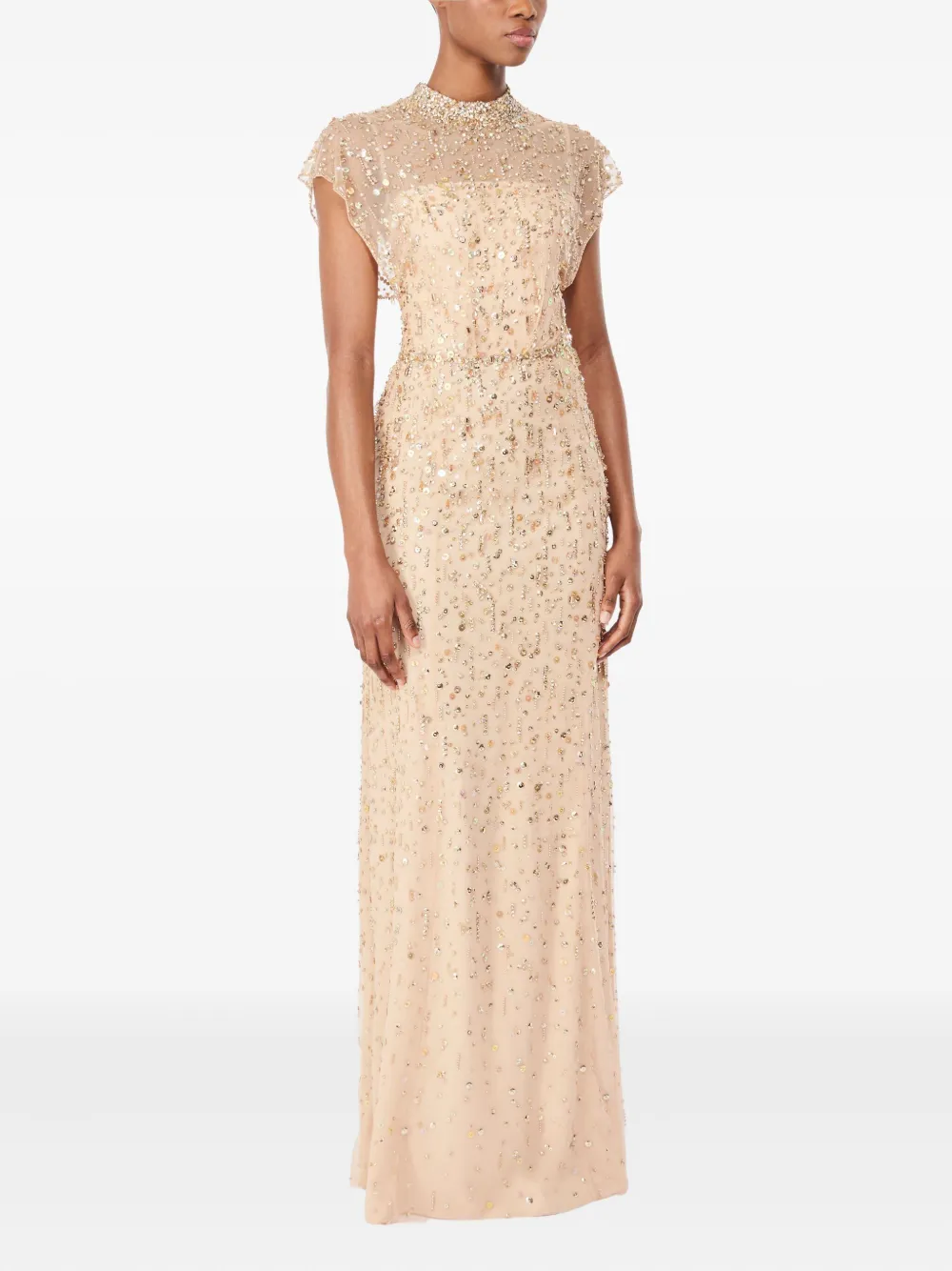 Jenny Packham Crystal-embellished High-neck Maxi Dress In Neutral