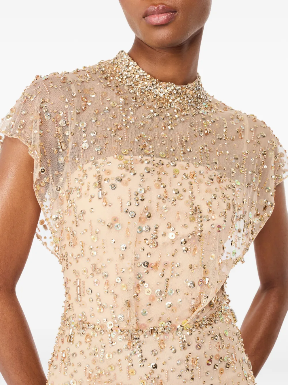 Jenny Packham Crystal-embellished High-neck Maxi Dress In Neutral
