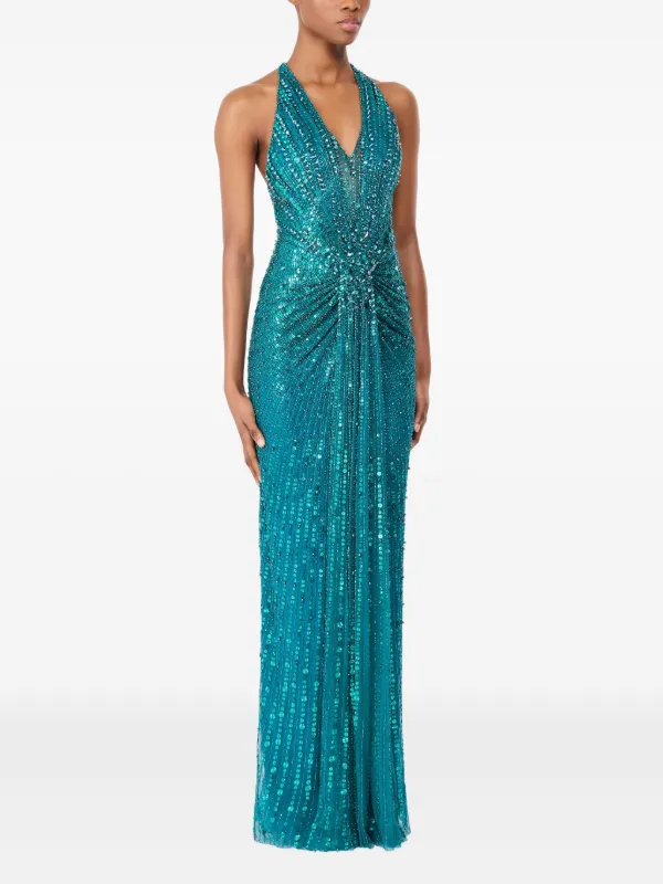 Jenny Packham Lana Embellished Halterneck Maxi Dress | Blue | FARFETCH JO