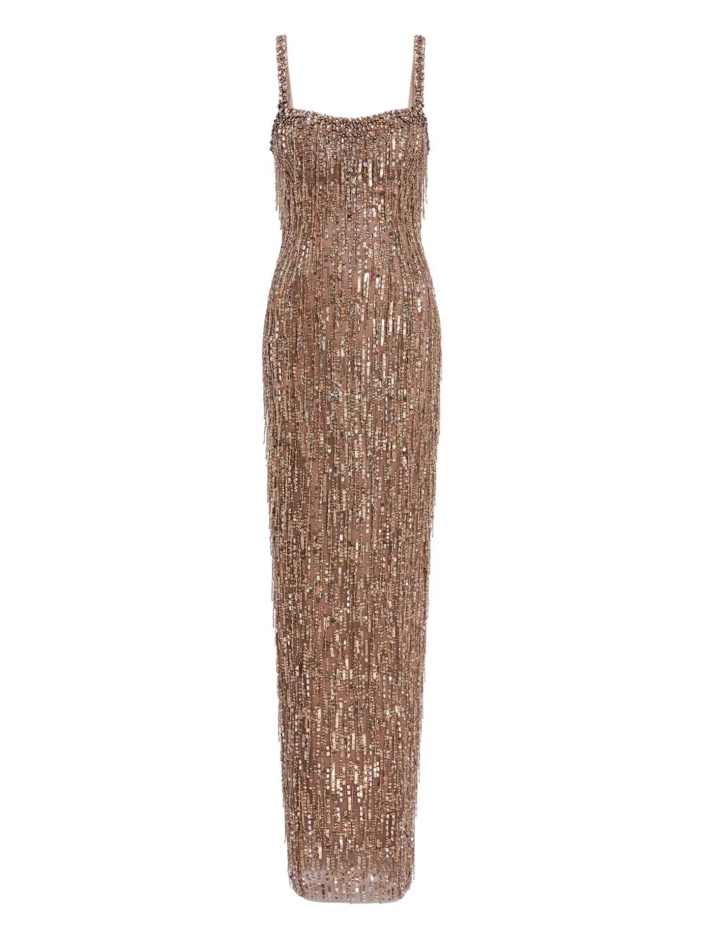 Jenny Packham Sequin-embellished Fringe-detail Maxi Dress In Brown