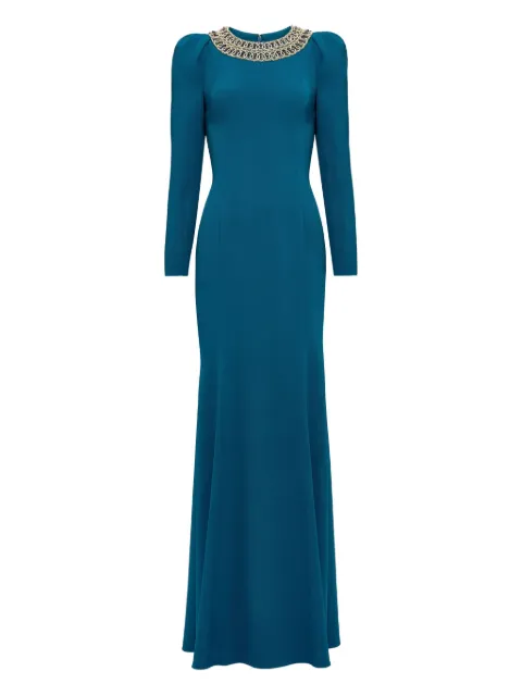 Jenny Packham embellished-neck puff-shoulders maxi dress