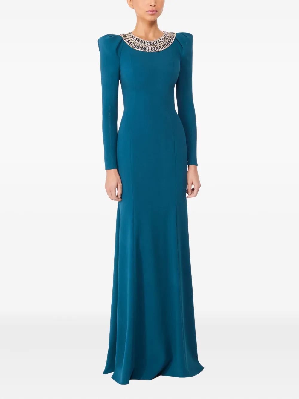 Jenny Packham Maxi-jurk met pofmouwen en verfraaide hals - Blauw