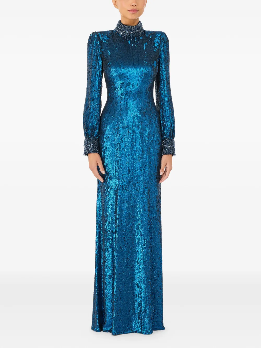 Jenny Packham Opium maxi-jurk met pailletten en hoge hals - Blauw