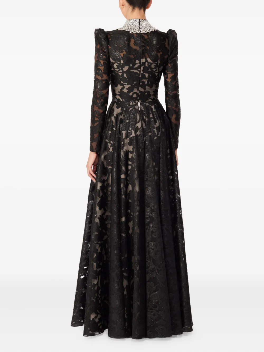 Jenny Packham Embellished-neck Puff-sleeve Maxi Dress In Black