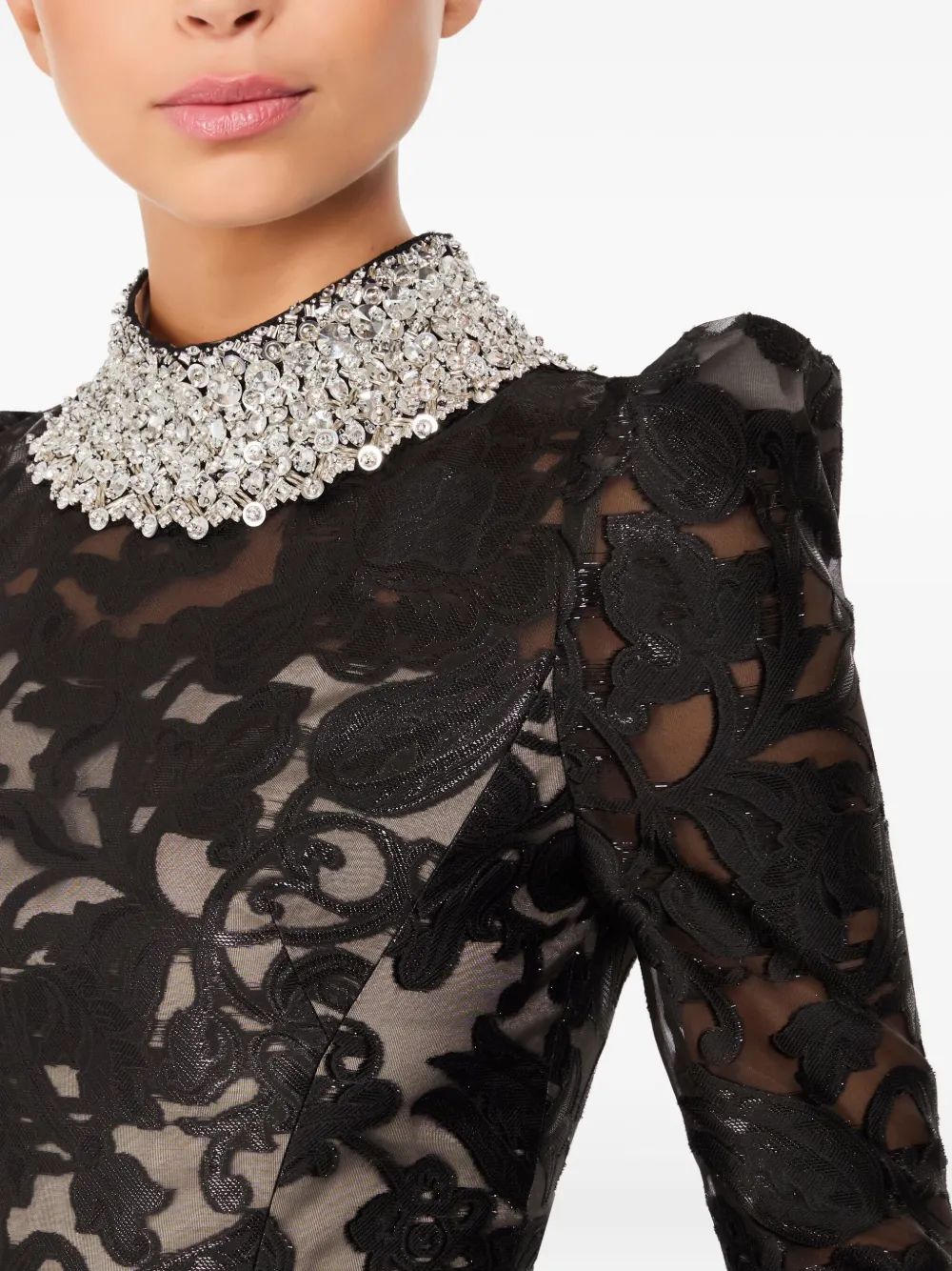 Jenny Packham Embellished-neck Puff-sleeve Maxi Dress In Black