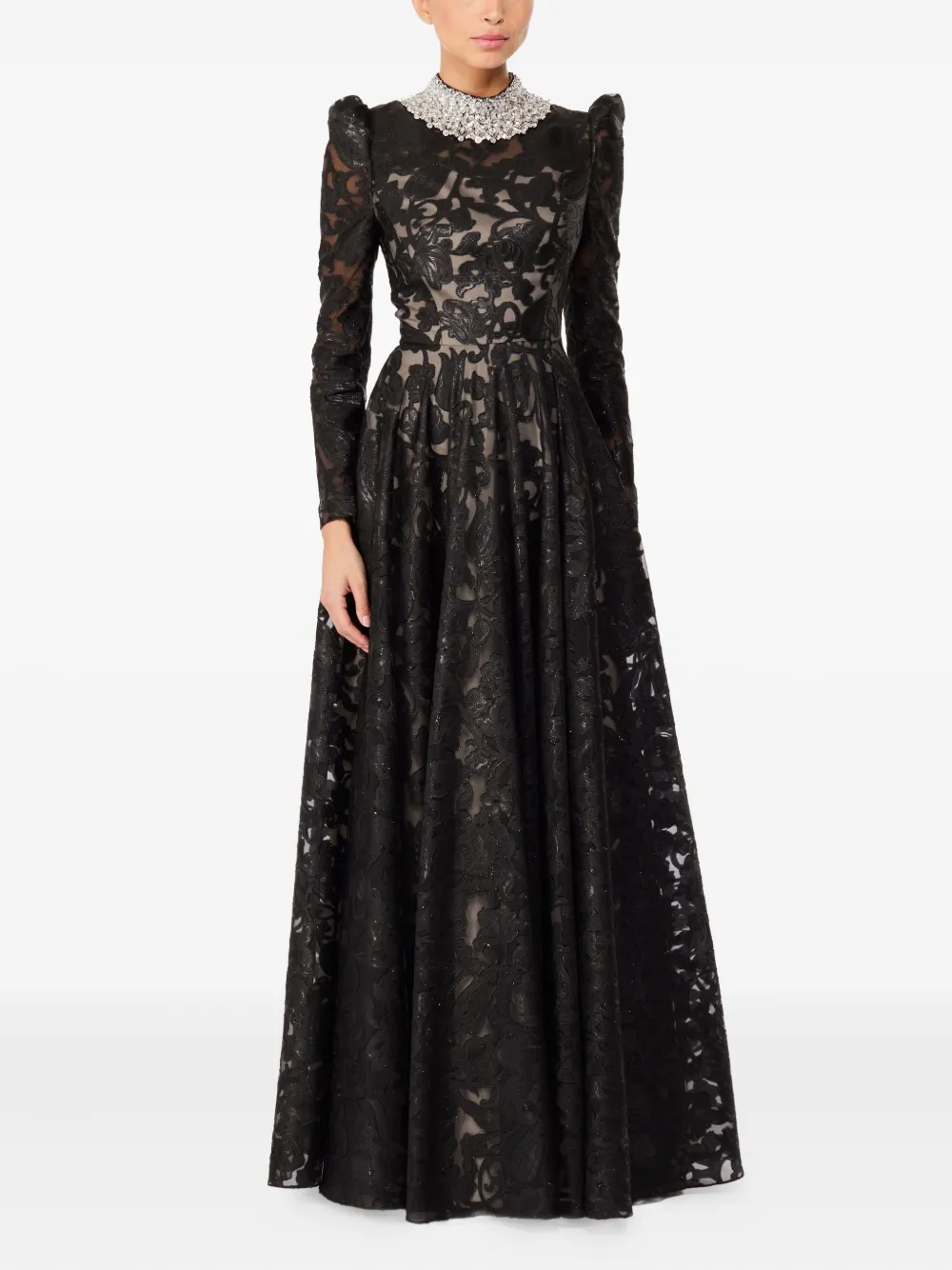 Jenny Packham Maxi-jurk met pofmouwen en verfraaide hals - Zwart
