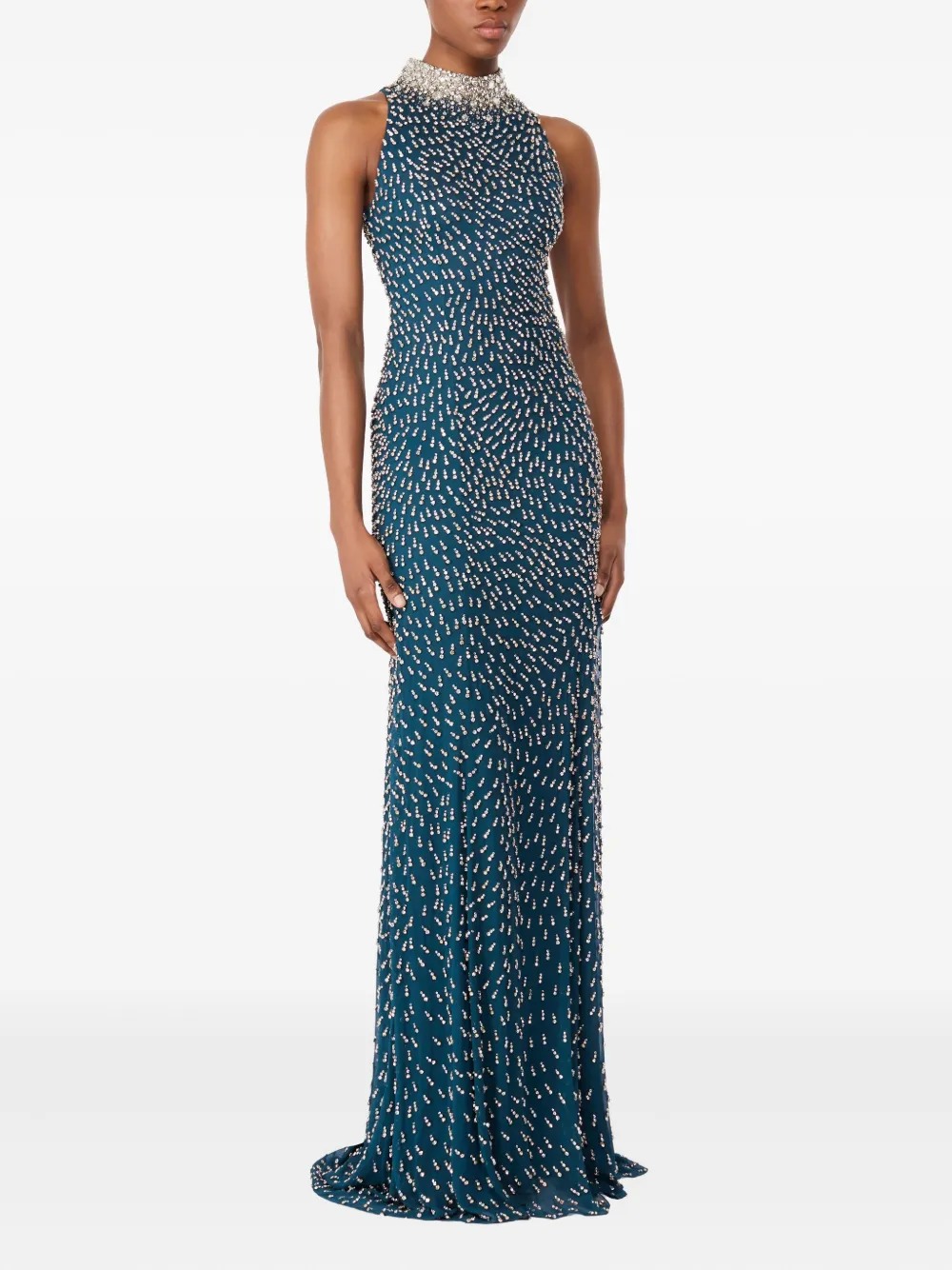 Jenny Packham Verfraaide maxi-jurk met hoge hals - Blauw