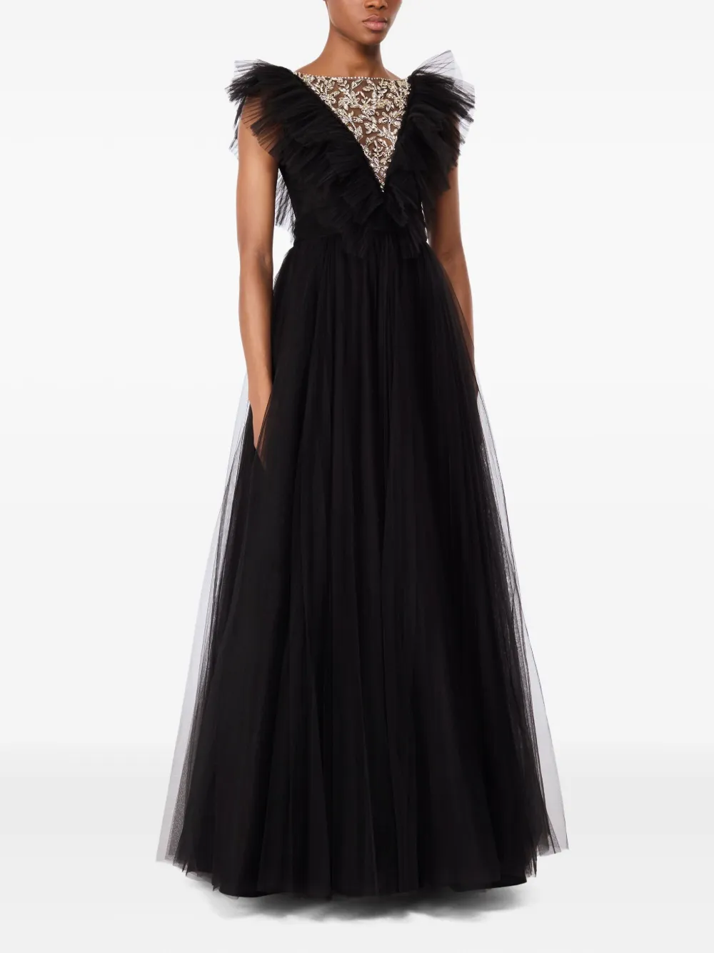 Jenny Packham Tulen maxi-jurk met ruches - Zwart